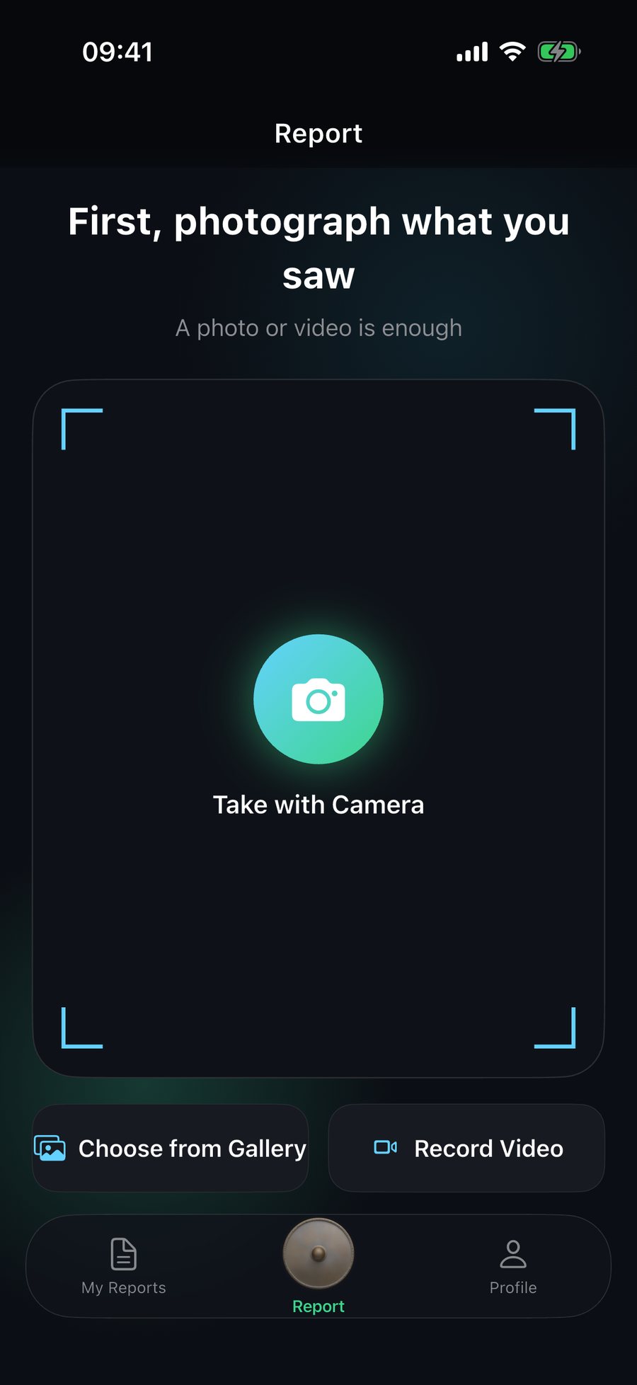 The Report screen offers three ways to add evidence: the camera, the gallery and video recording.