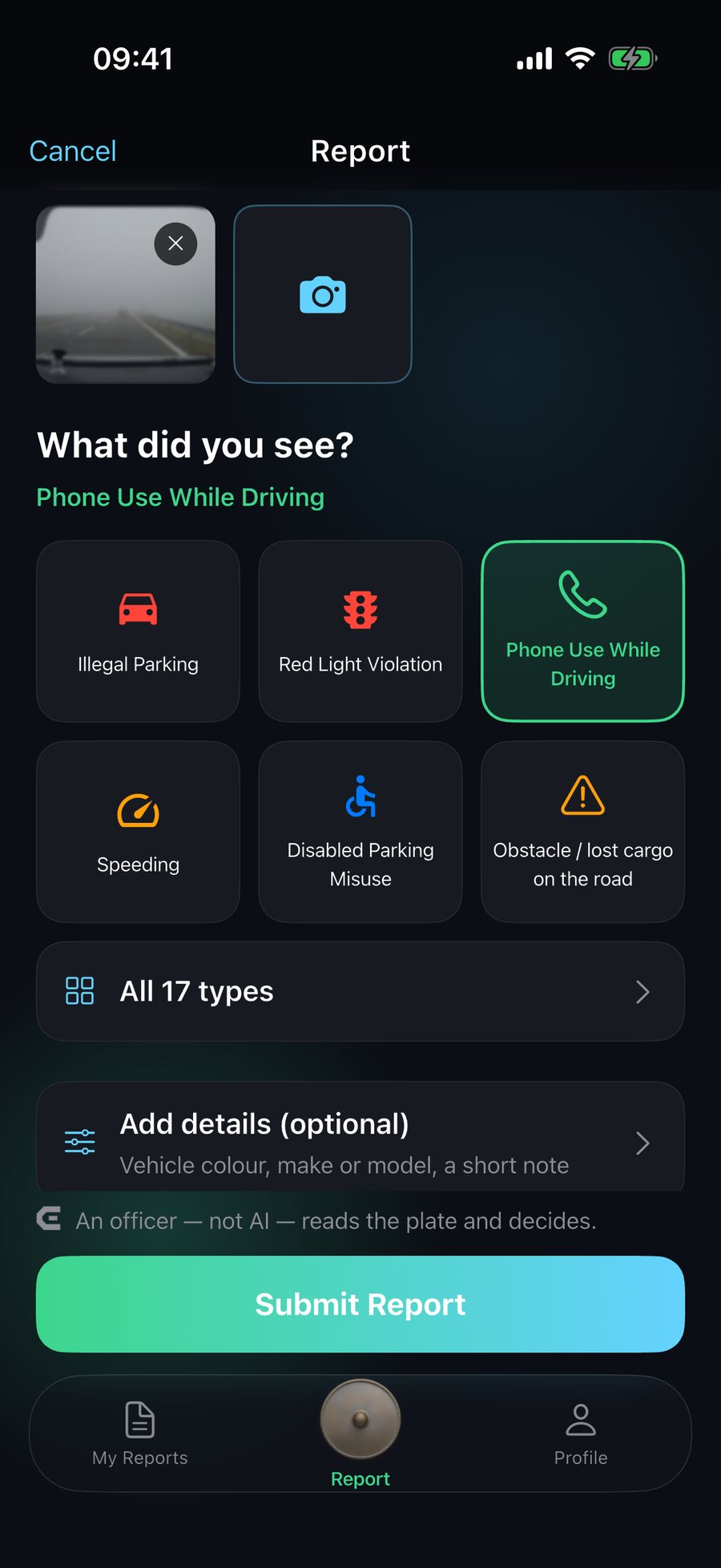 The Civesto app asks the reporter to choose what they saw from a list of report types.