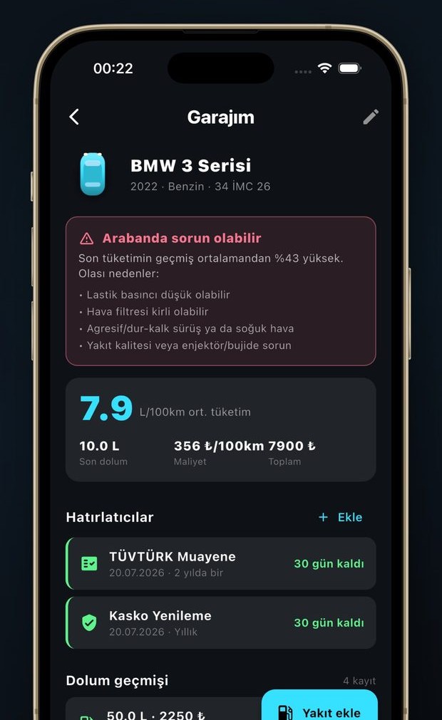 Kuzey Maps shows fuel records and maintenance reminders.