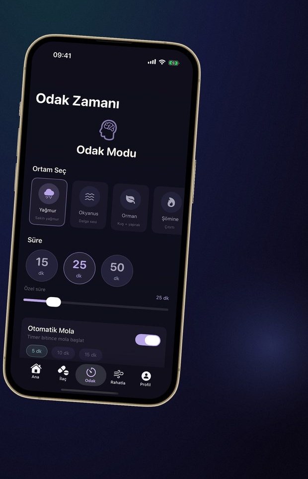 Nöra shows the focus timer and background sound options.